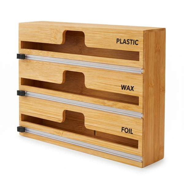Bamboo Wrap Organizer with Built-in Slide Cutter – 3-in-1 Foil, Wax & Plastic Wrap Dispenser