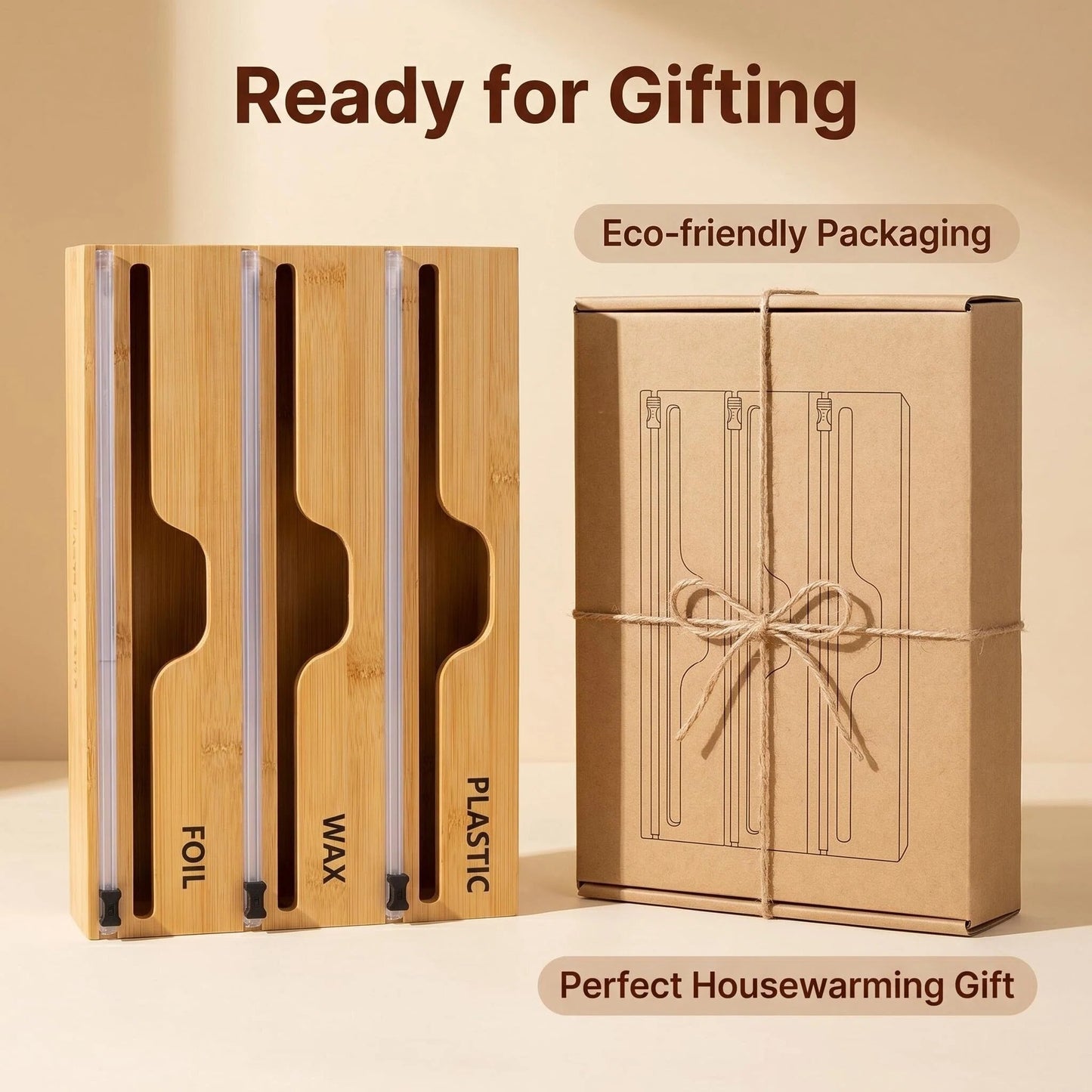 Bamboo Wrap Organizer with Built-in Slide Cutter – 3-in-1 Foil, Wax & Plastic Wrap Dispenser