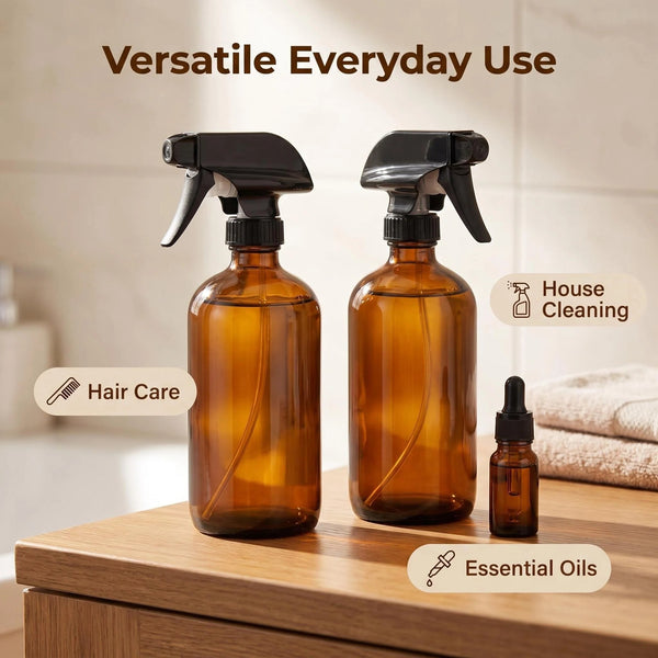 Amber Glass Spray Bottles 16oz (2 Pack) - UV Protection, Adjustable Nozzle, Leak-Proof Caps