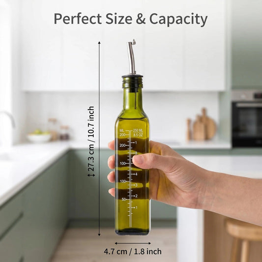 DewAura premium glass olive oil dispenser with stainless steel pourer and measurement marks