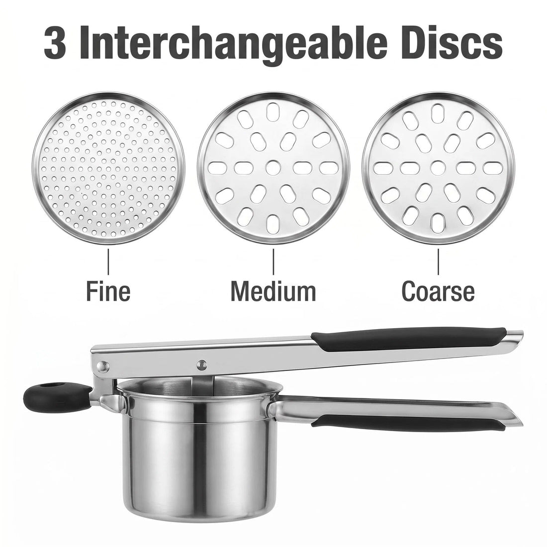 DewAura premium stainless steel potato press with 3 interchangeable fine, medium and coarse discs