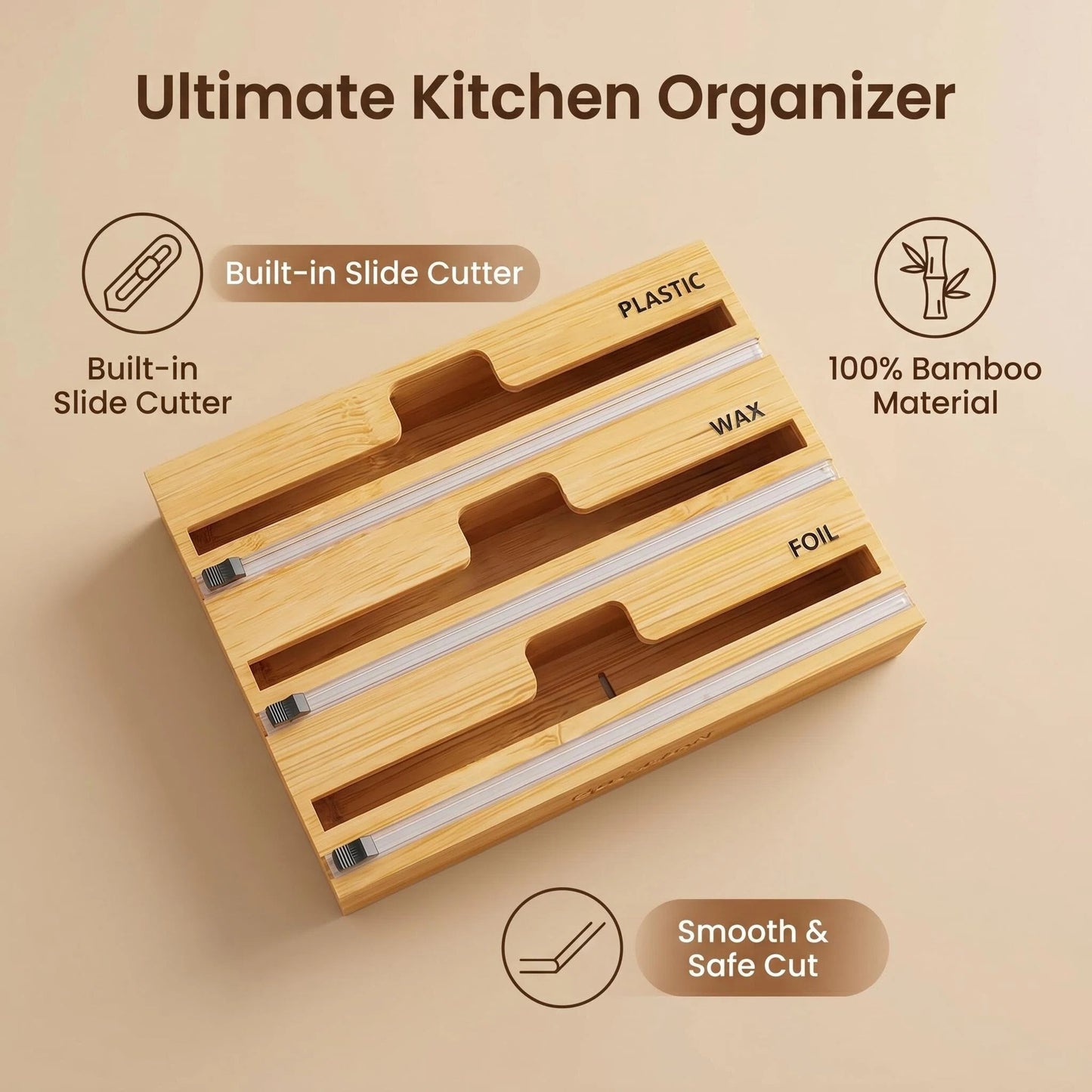Bamboo Wrap Organizer with Built-in Slide Cutter – 3-in-1 Foil, Wax & Plastic Wrap Dispenser