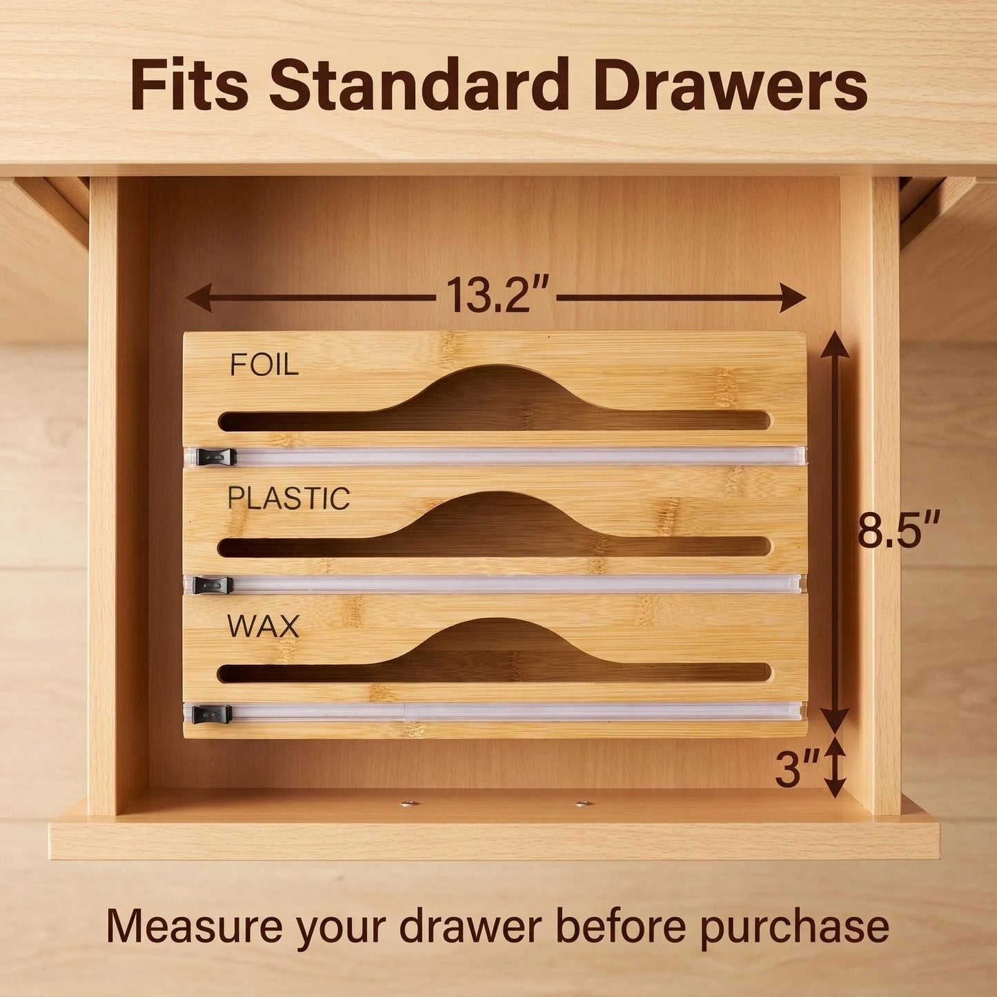Bamboo Wrap Organizer with Built-in Slide Cutter – 3-in-1 Foil, Wax & Plastic Wrap Dispenser