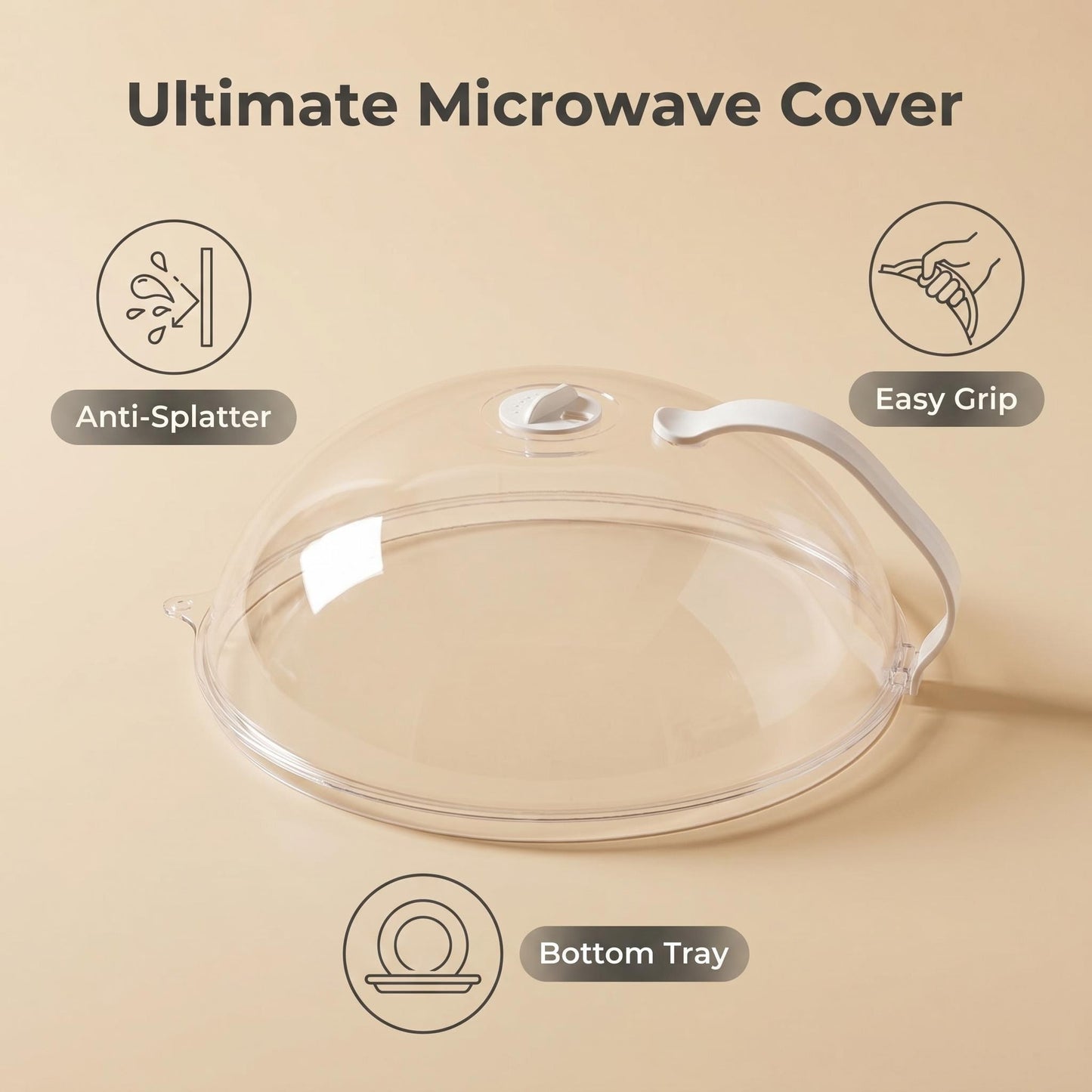 Microwave Food Cover with Bottom Tray — Anti-Splatter Dome, Adjustable Steam Vent, Heat-Resistant Handle, BPA Free, Fits All Standard Microwaves