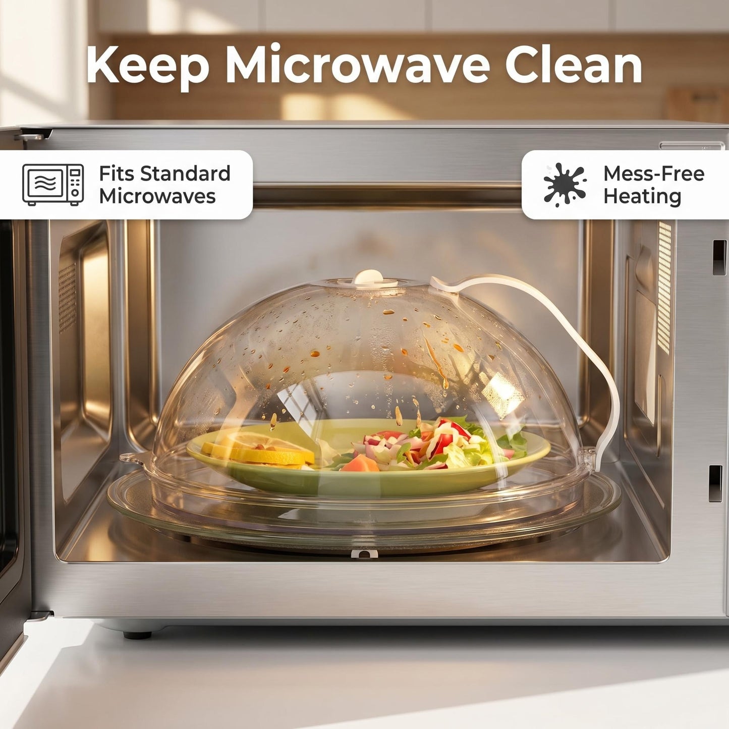 Microwave Food Cover with Bottom Tray — Anti-Splatter Dome, Adjustable Steam Vent, Heat-Resistant Handle, BPA Free, Fits All Standard Microwaves