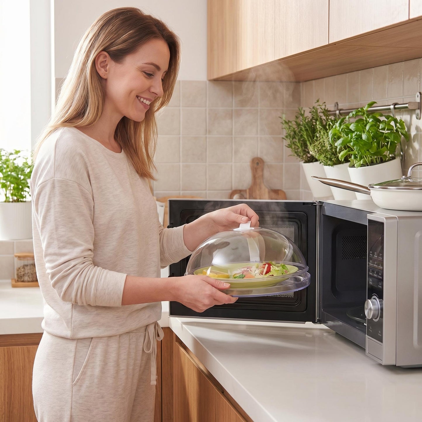Microwave Food Cover with Bottom Tray — Anti-Splatter Dome, Adjustable Steam Vent, Heat-Resistant Handle, BPA Free, Fits All Standard Microwaves