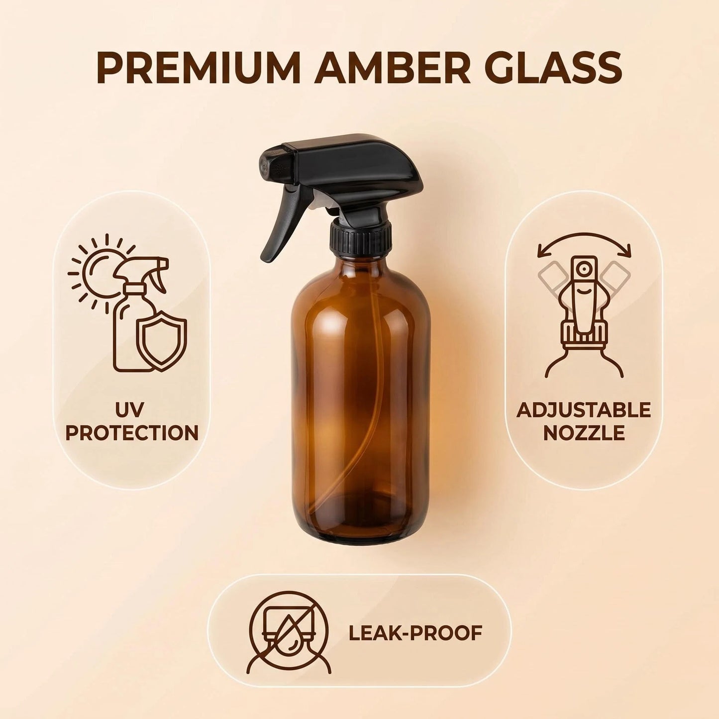 Amber Glass Spray Bottles 16oz (2 Pack) - UV Protection, Adjustable Nozzle, Leak-Proof Caps