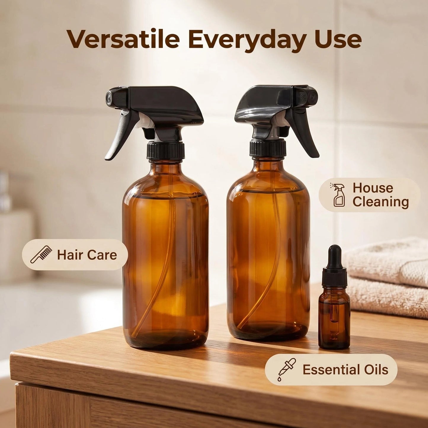 Amber Glass Spray Bottles 16oz (2 Pack) - UV Protection, Adjustable Nozzle, Leak-Proof Caps