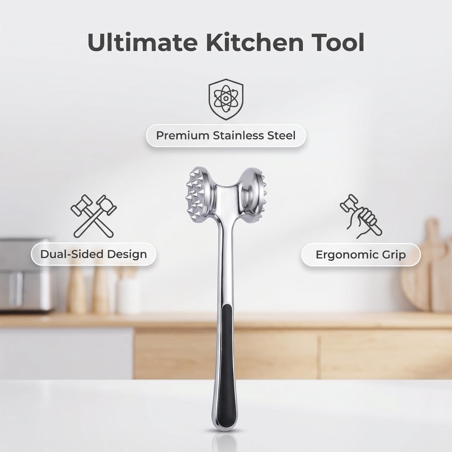 Professional Dual-Sided Meat Tenderizer Hammer — Premium Stainless Steel, Ergonomic Non-Slip Handle, Heavy-Duty Mallet for Steak, Chicken & BBQ