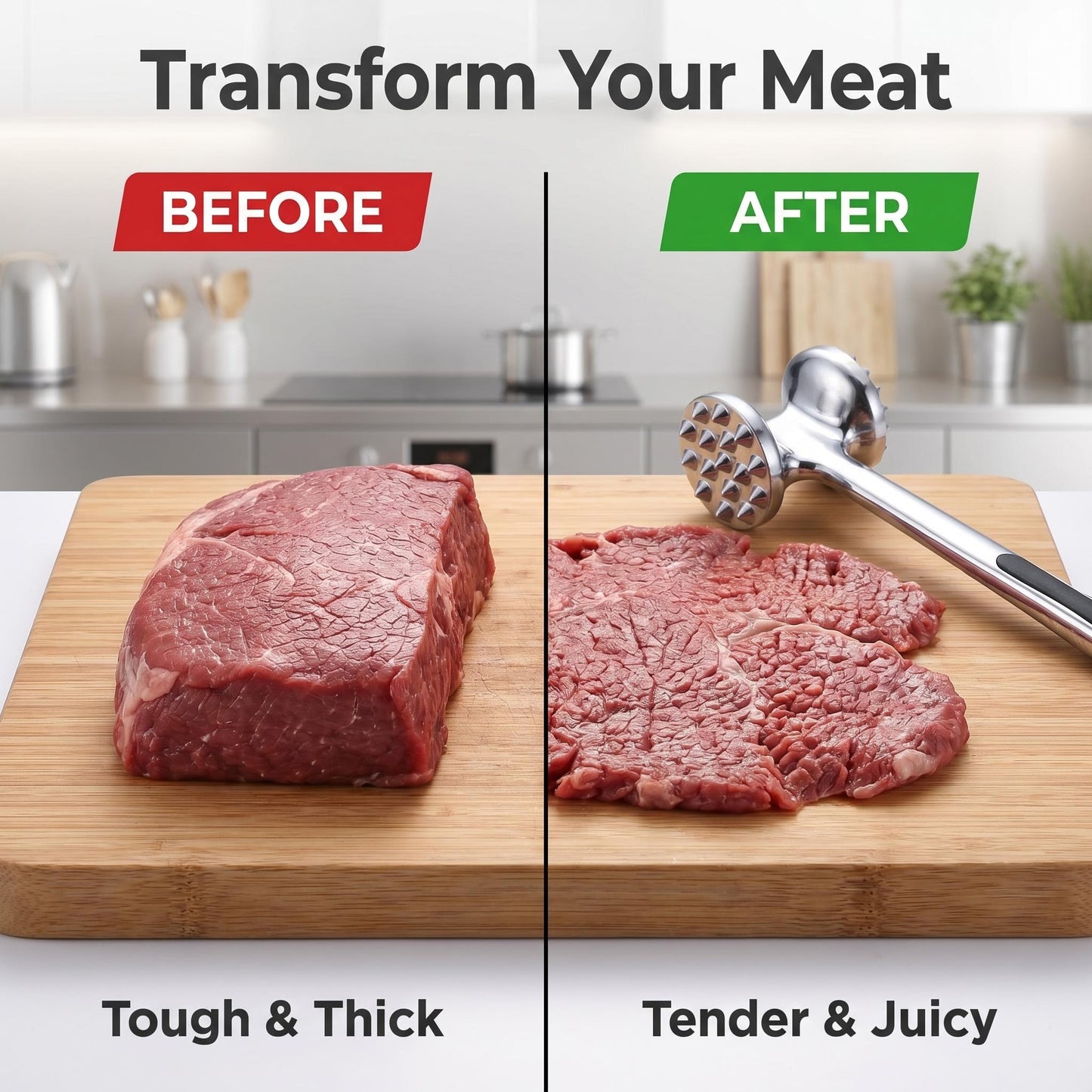 Professional Dual-Sided Meat Tenderizer Hammer — Premium Stainless Steel, Ergonomic Non-Slip Handle, Heavy-Duty Mallet for Steak, Chicken & BBQ