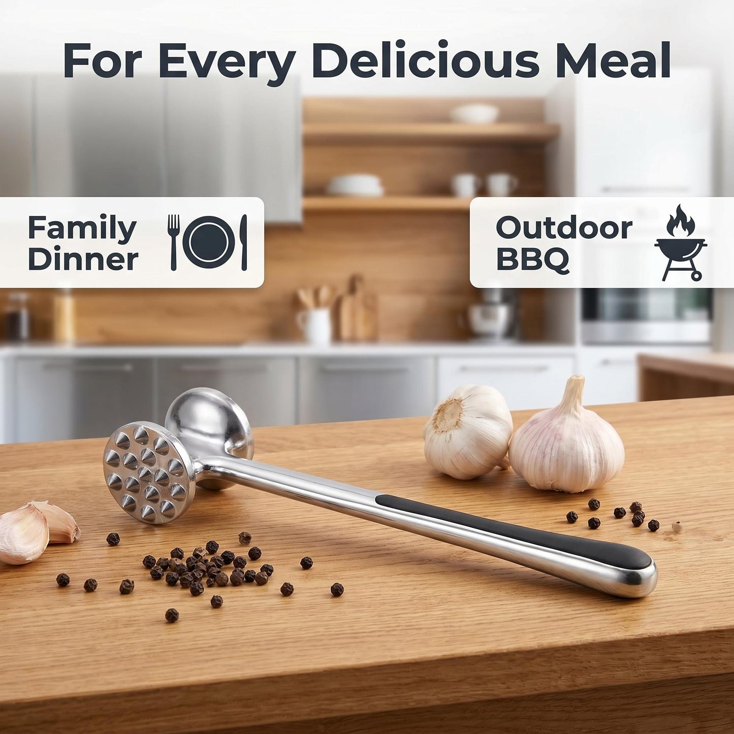 Professional Dual-Sided Meat Tenderizer Hammer — Premium Stainless Steel, Ergonomic Non-Slip Handle, Heavy-Duty Mallet for Steak, Chicken & BBQ