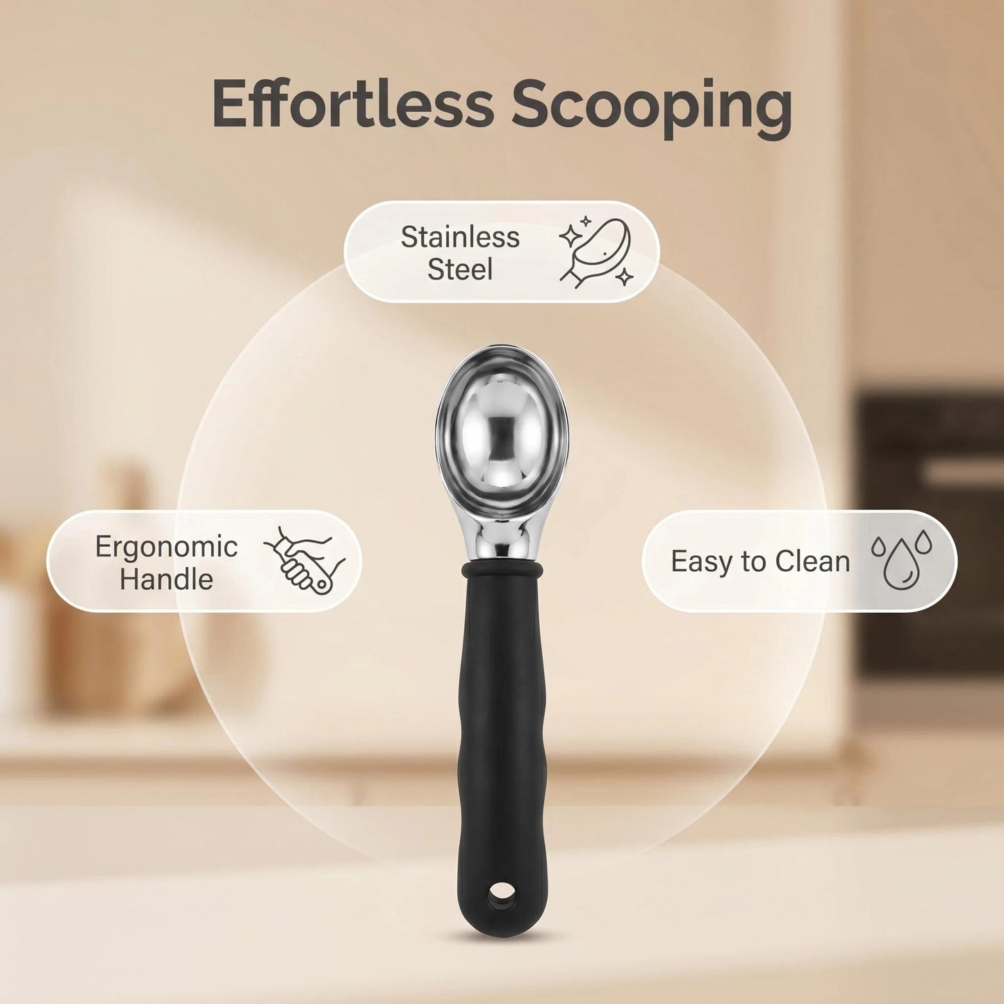 DewAura Ice Cream Scoop, Stainless Steel Ice Cream Scooper with Ergonomic Non-slip Silicone Handle, Professional Cookie Dough Scoop for Hard Ice Cream, Melon Baller, 7.1 Inch
