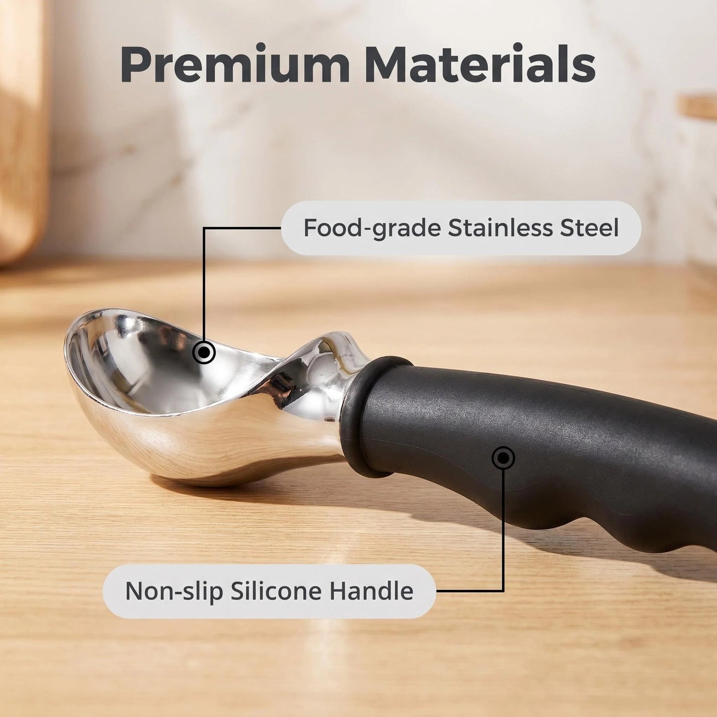 DewAura Ice Cream Scoop, Stainless Steel Ice Cream Scooper with Ergonomic Non-slip Silicone Handle, Professional Cookie Dough Scoop for Hard Ice Cream, Melon Baller, 7.1 Inch