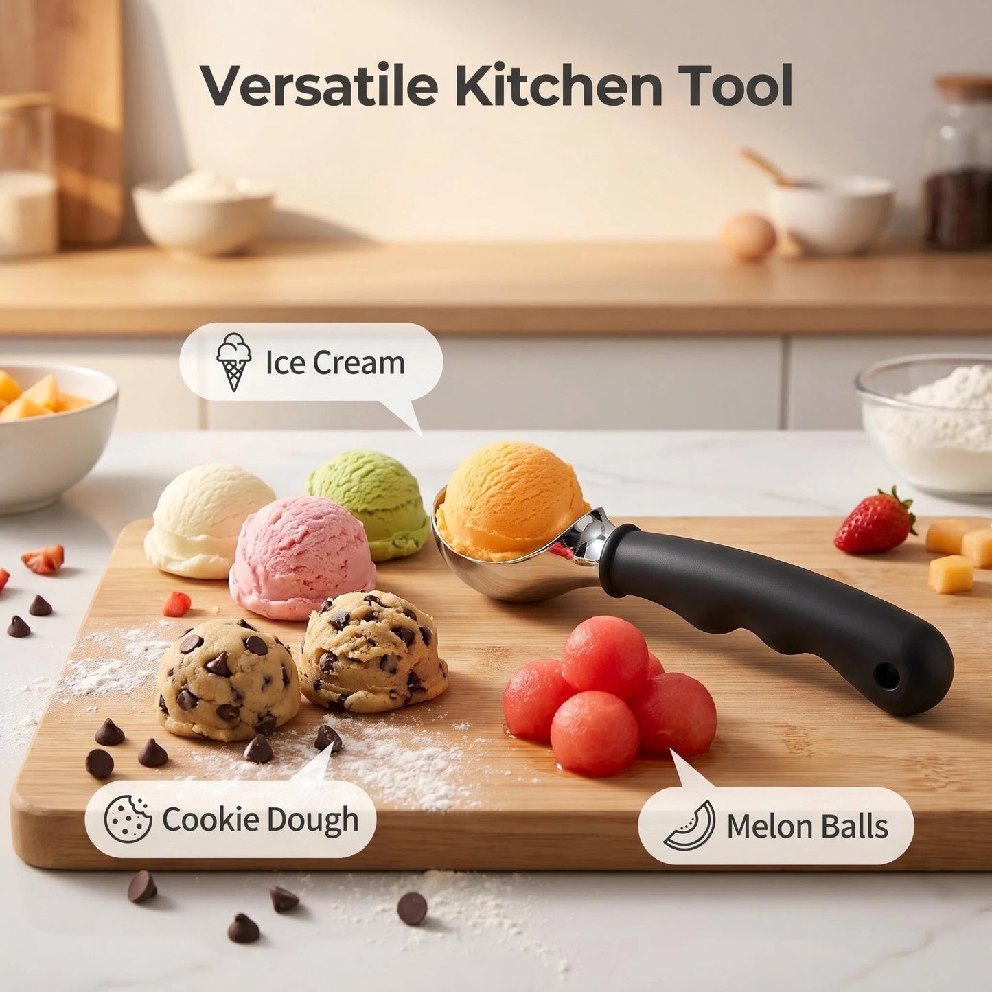DewAura Ice Cream Scoop, Stainless Steel Ice Cream Scooper with Ergonomic Non-slip Silicone Handle, Professional Cookie Dough Scoop for Hard Ice Cream, Melon Baller, 7.1 Inch