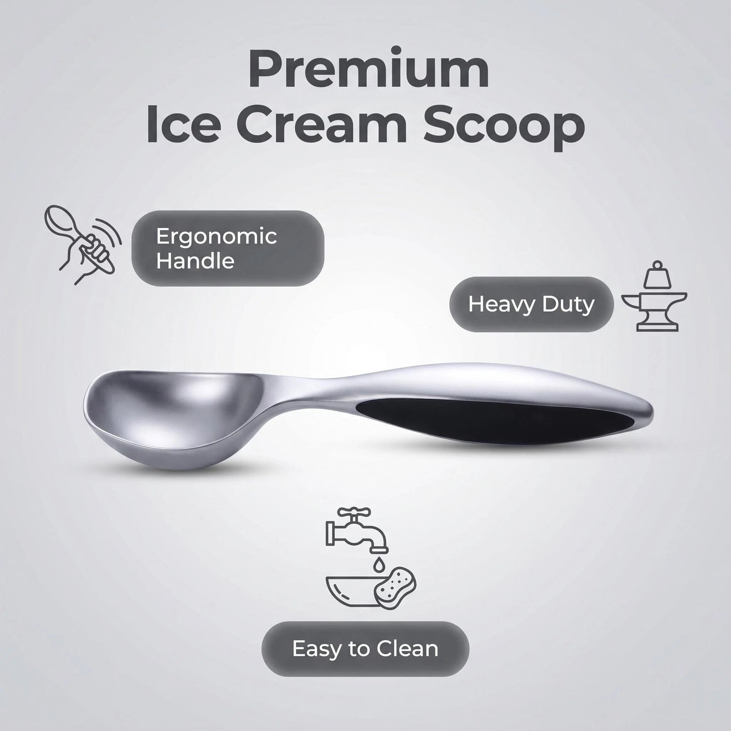 Ice Cream Scoop, Premium Stainless Steel Ice Cream Scooper with Ergonomic Handle – Heavy Duty, Anti-Freeze, One-Piece Cast, Dishwasher Safe