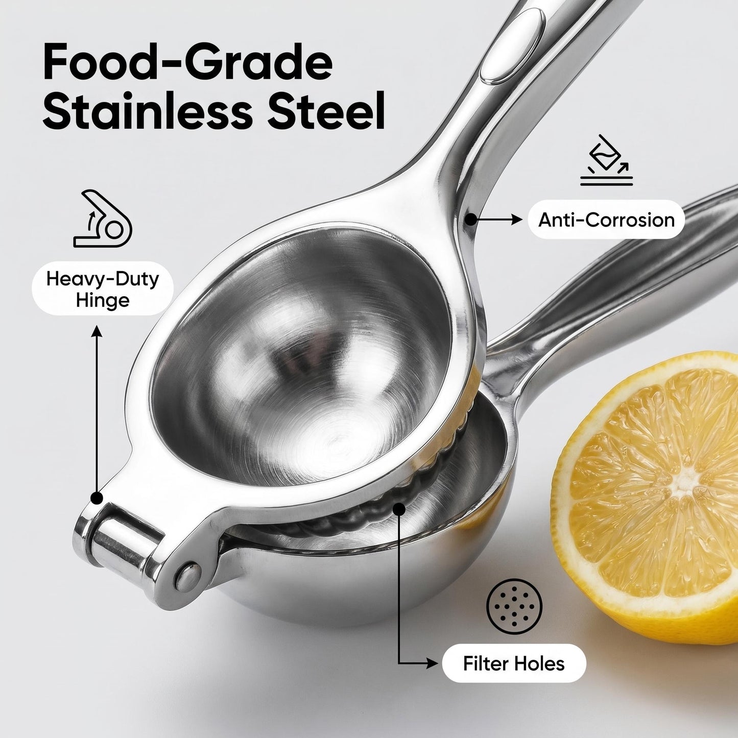 Premium Stainless Steel Lemon Squeezer Manual Citrus Juicer Press — 304 Food-Grade Steel, Heavy-Duty Hinge, Seed Filter, Dishwasher Safe