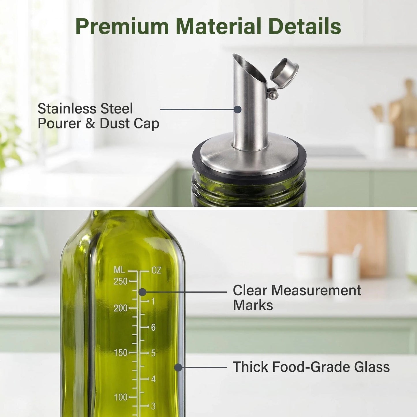 Glass Olive Oil Dispenser Bottle 500ml - Oil & Vinegar Cruet with Stainless Steel Pourer Spout, Measurement Marks & Leak-Proof Lid for Kitchen Cooking