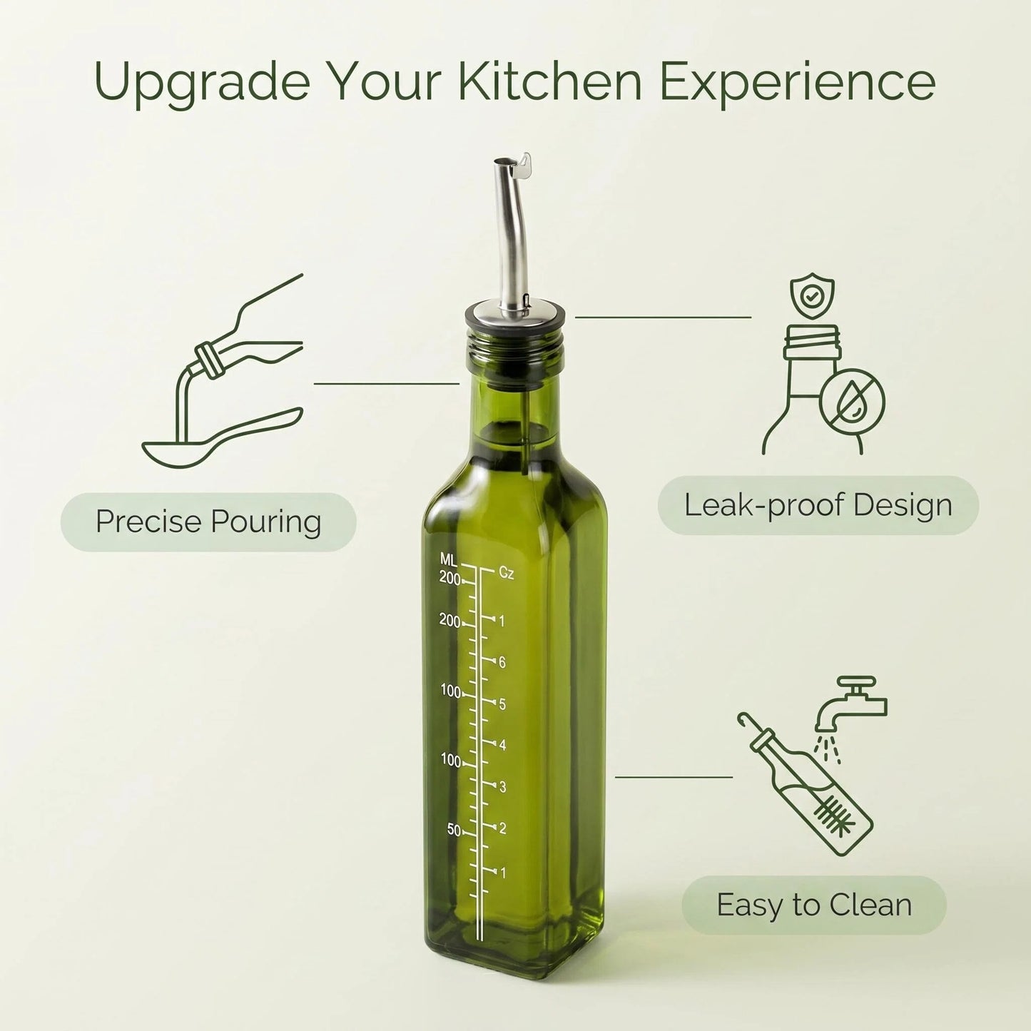 Glass Olive Oil Dispenser Bottle 500ml - Oil & Vinegar Cruet with Stainless Steel Pourer Spout, Measurement Marks & Leak-Proof Lid for Kitchen Cooking