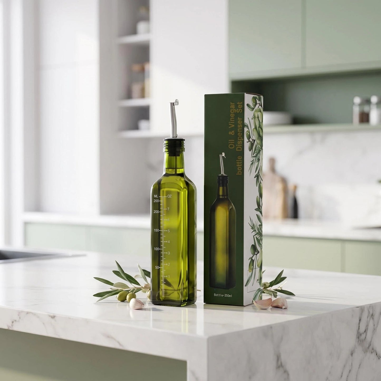 Glass Olive Oil Dispenser Bottle 500ml - Oil & Vinegar Cruet with Stainless Steel Pourer Spout, Measurement Marks & Leak-Proof Lid for Kitchen Cooking