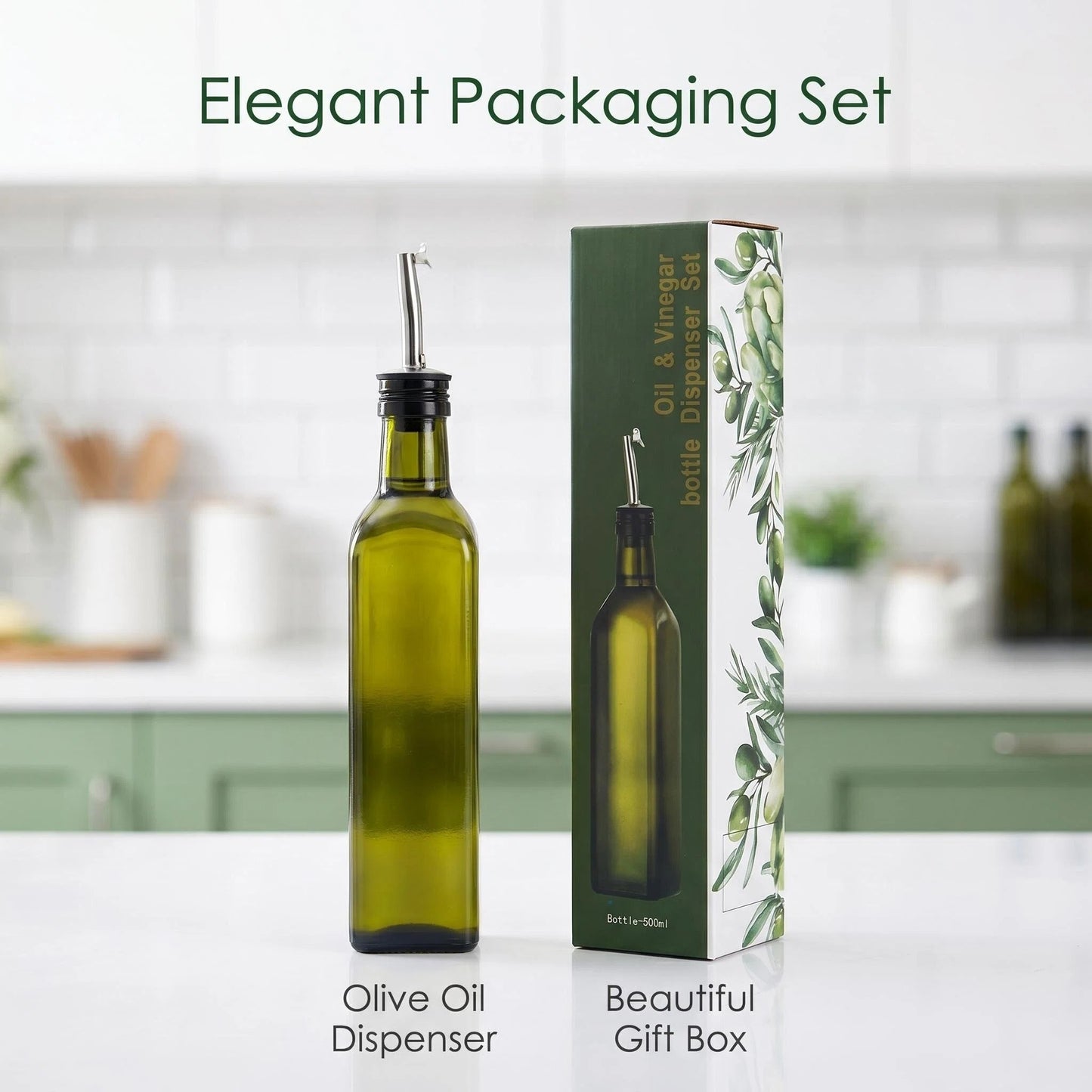Glass Olive Oil Dispenser Bottle 500ml - Oil & Vinegar Cruet with Stainless Steel Pourer Spout, Measurement Marks & Leak-Proof Lid for Kitchen Cooking