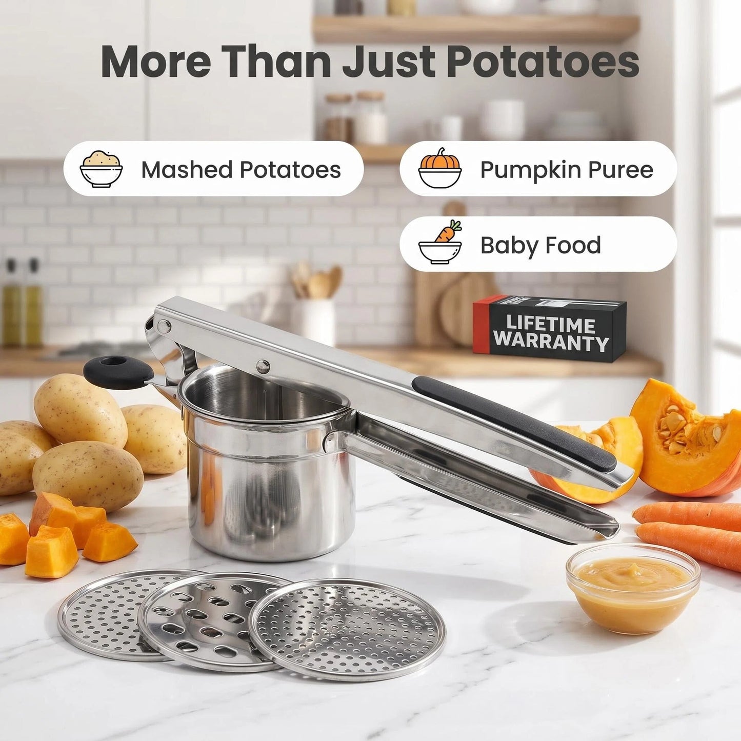 DewAura Potato Ricer Masher, Stainless Steel with 3 Interchangeable Discs, Large 15oz Capacity for Mashed Potatoes, Baby Food & Vegetable Puree