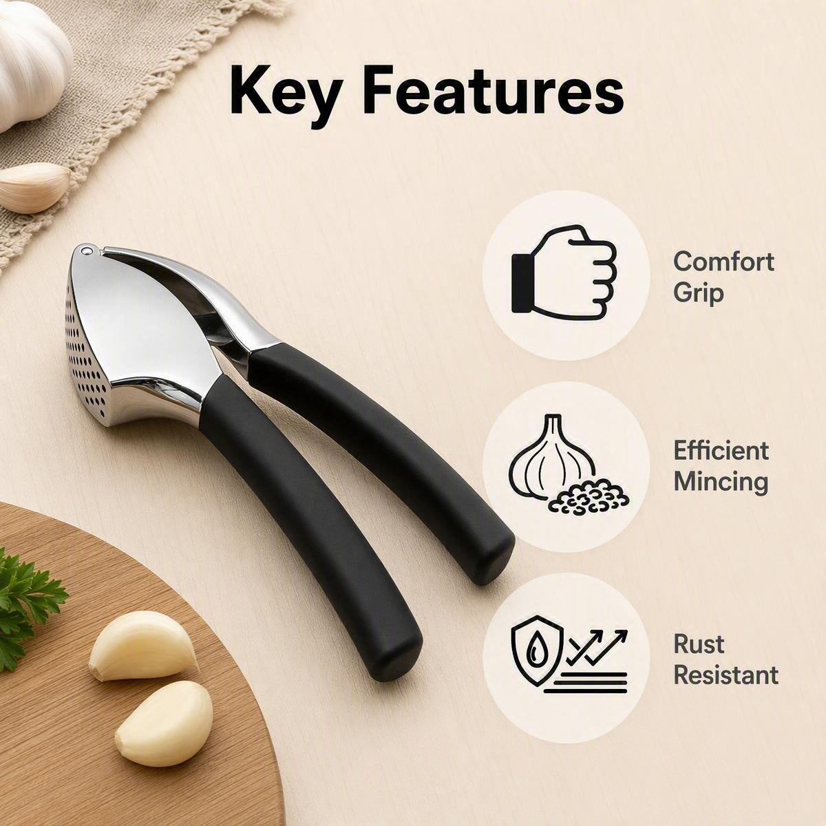 DewAura Pro Garlic Press - Stainless Steel Mincer with Comfort Grip