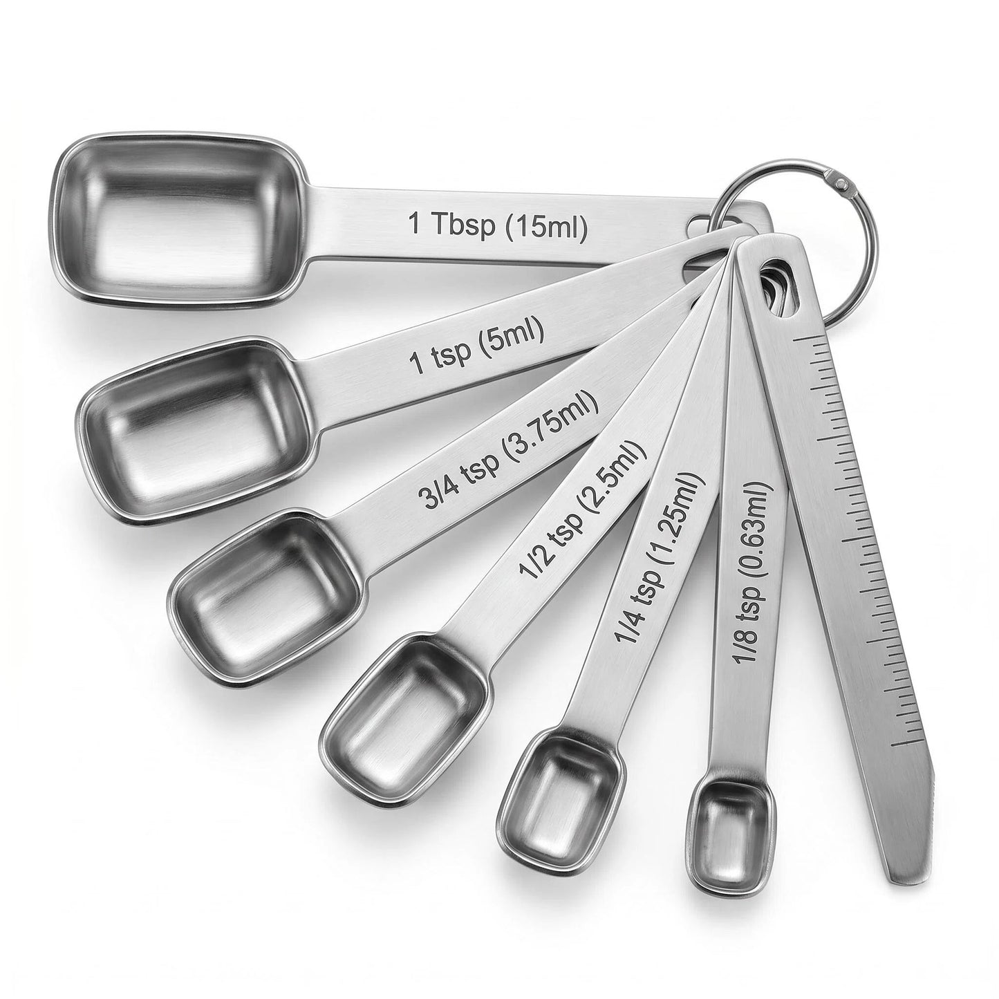 Stainless Steel Measuring Spoons Set of 7 – Rectangular Slim Design Fits Narrow Spice Jars, Engraved US & Metric, Includes Leveler, Nesting, Dishwasher Safe
