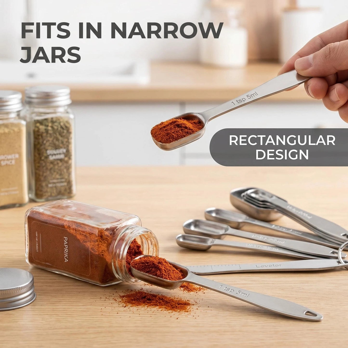 Stainless Steel Measuring Spoons Set of 7 – Rectangular Slim Design Fits Narrow Spice Jars, Engraved US & Metric, Includes Leveler, Nesting, Dishwasher Safe