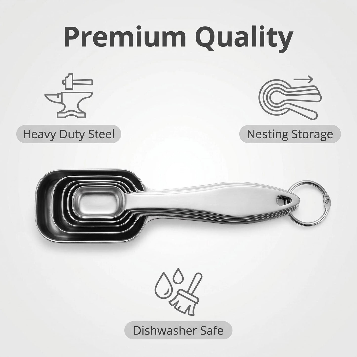 Stainless Steel Measuring Spoons Set of 7 – Rectangular Slim Design Fits Narrow Spice Jars, Engraved US & Metric, Includes Leveler, Nesting, Dishwasher Safe