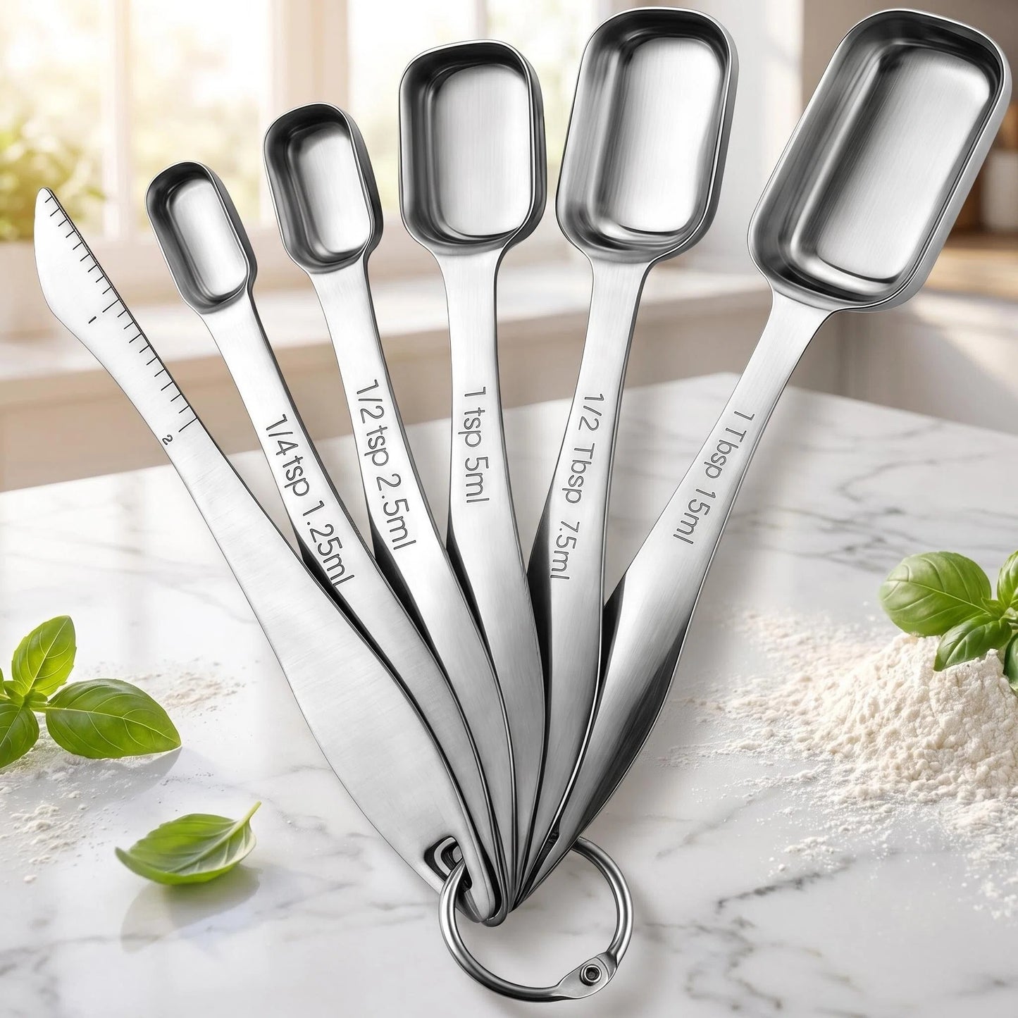 Stainless Steel Measuring Spoons Set of 7 – Rectangular Slim Design Fits Narrow Spice Jars, Engraved US & Metric, Includes Leveler, Nesting, Dishwasher Safe